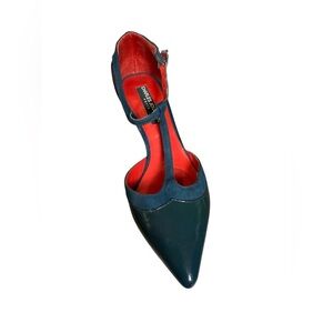 Charles Jourdan Paris Blue Patent Suede T-Strap Kitten Heels 5.5M